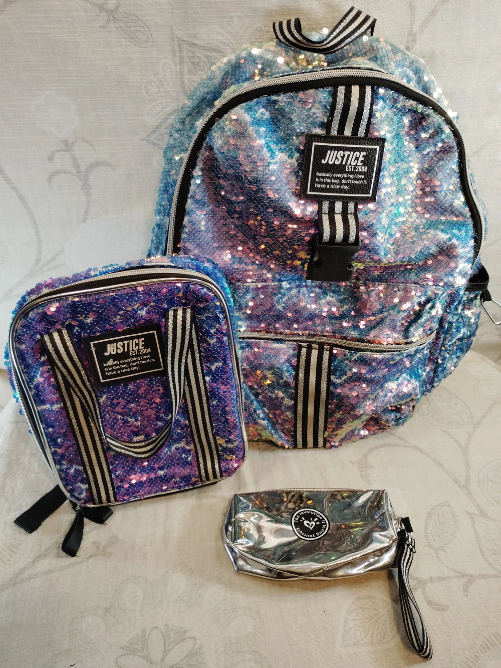 Justice Sequin Ombre Backpack in Blue and Purple with Silver Pouch